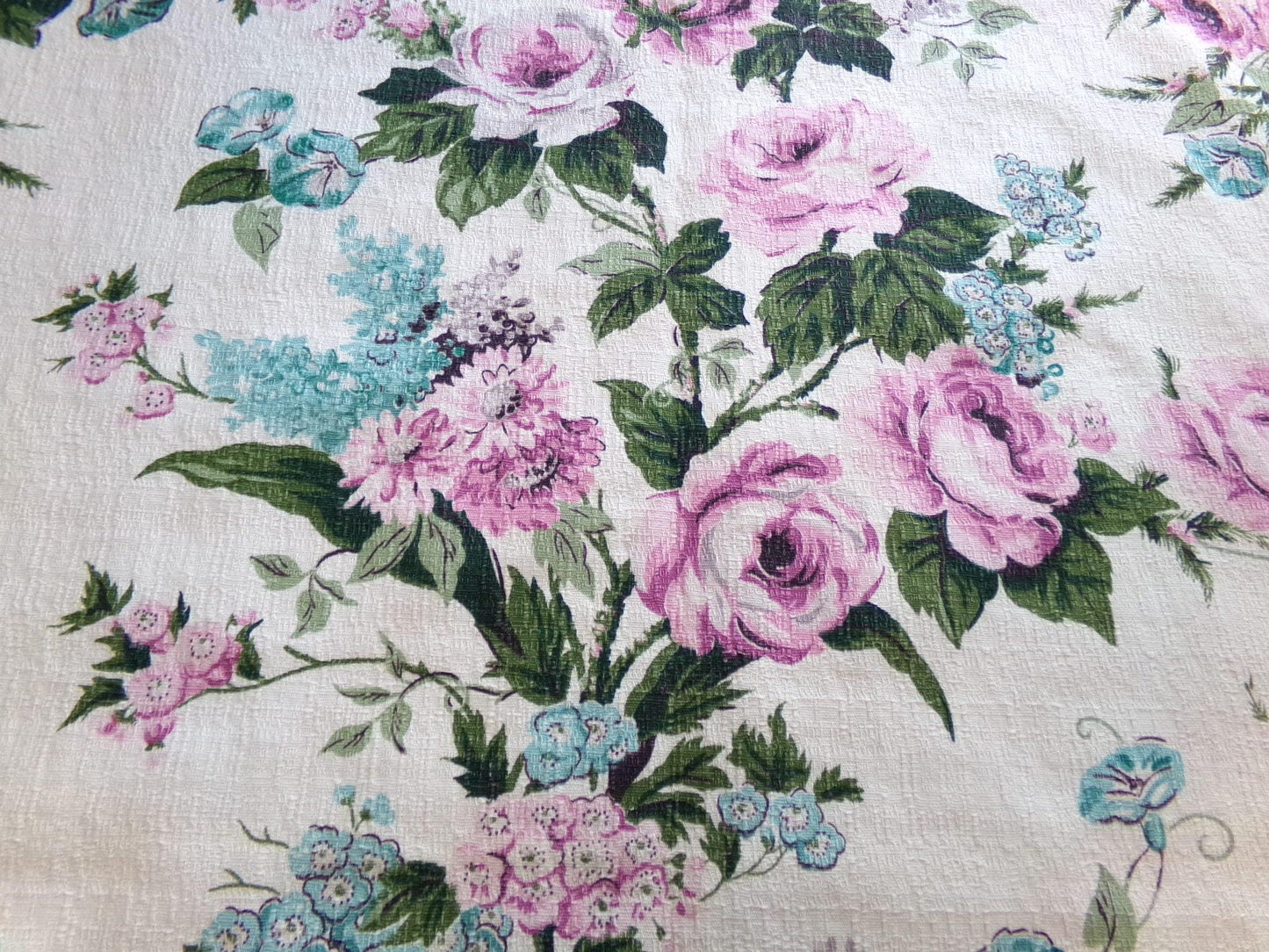 Vintage Barkcloth Fabric, Shabby Cottage Chic Roses on Aged White, 18" x 25" Cut Fabric Piece from a Deconstructed bark cloth curtain panel