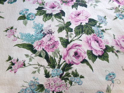 Vintage Barkcloth Fabric, Shabby Cottage Chic Roses on Aged White, 18" x 25" Cut Fabric Piece from a Deconstructed bark cloth curtain panel