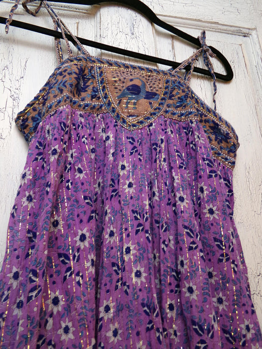 vintage Starina Creation Paris dress, rare 1970s boho peacock print, gold thread floral pattern, midi length gauze cotton India sundress, S