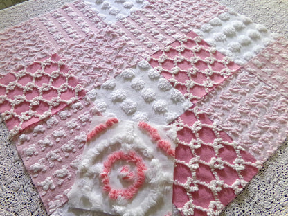 Must Luv Pink Quilt Squares Set from Vintage Chenille Bedspread Fabric, 17 Blocks, 6" x 6" inch
