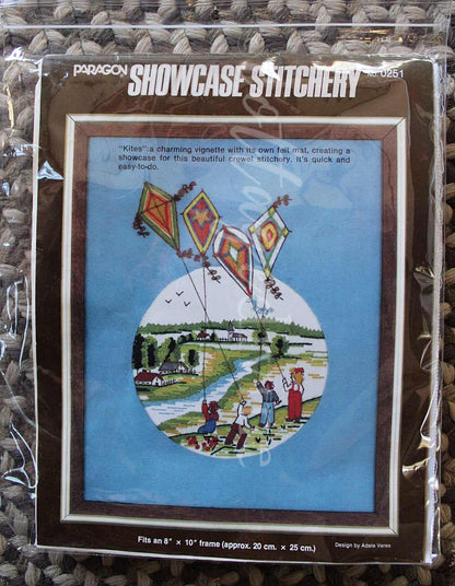 KITES Stitchery Kit Whimsical Vignette Vintage Paragon Creative Crewel Embroidery Design #0251, by Adele Veres, fits 8" x 10" frame