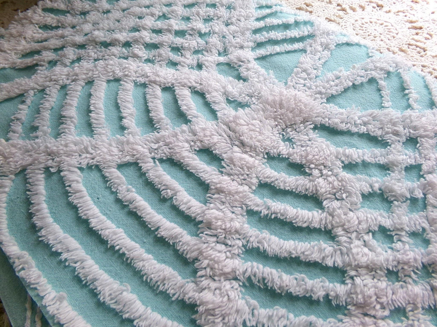 popular coastal aqua & white vintage chenille fabric, geometric chenille tufts, 20"x 25" inch piece of quilt sewing material