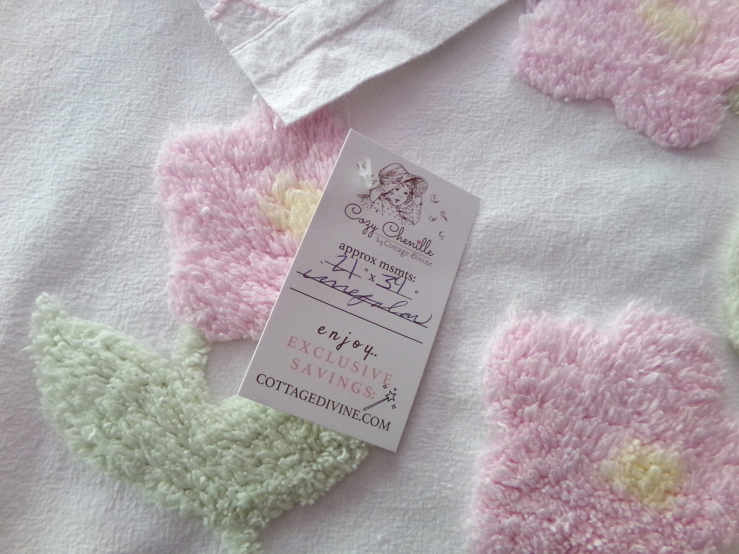 Pink Floral Blooms Vintage Style Chenille Fabric, Lovely Plush Flowers on White Cotton, 21" x 34" inch Piece