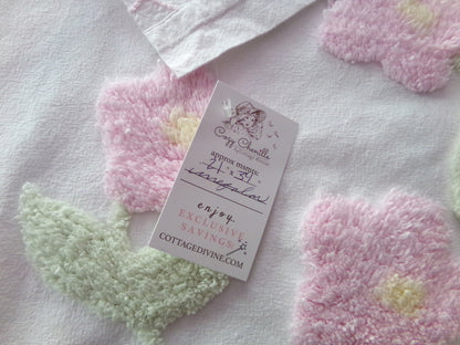 Pink Floral Blooms Vintage Style Chenille Fabric, Lovely Plush Flowers on White Cotton, 21" x 34" inch Piece