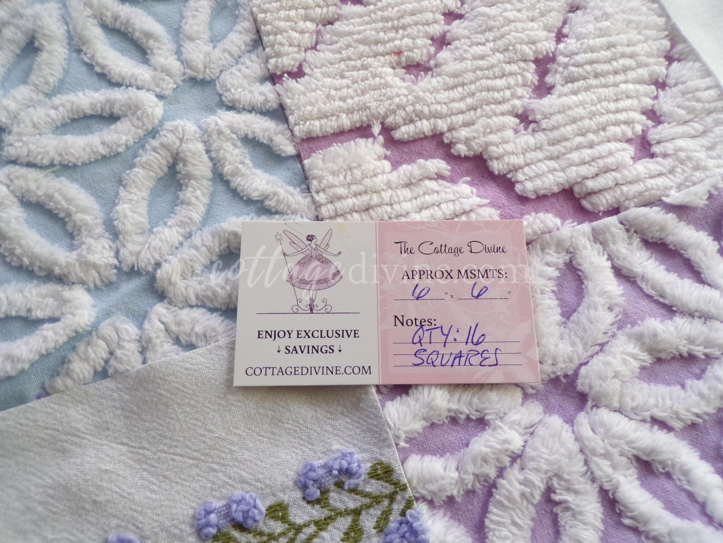 Sweet Slumber Chenille Quilt Squares Set from Vintage Bedspread Fabric, 16 Blocks, 6" x 6" inch
