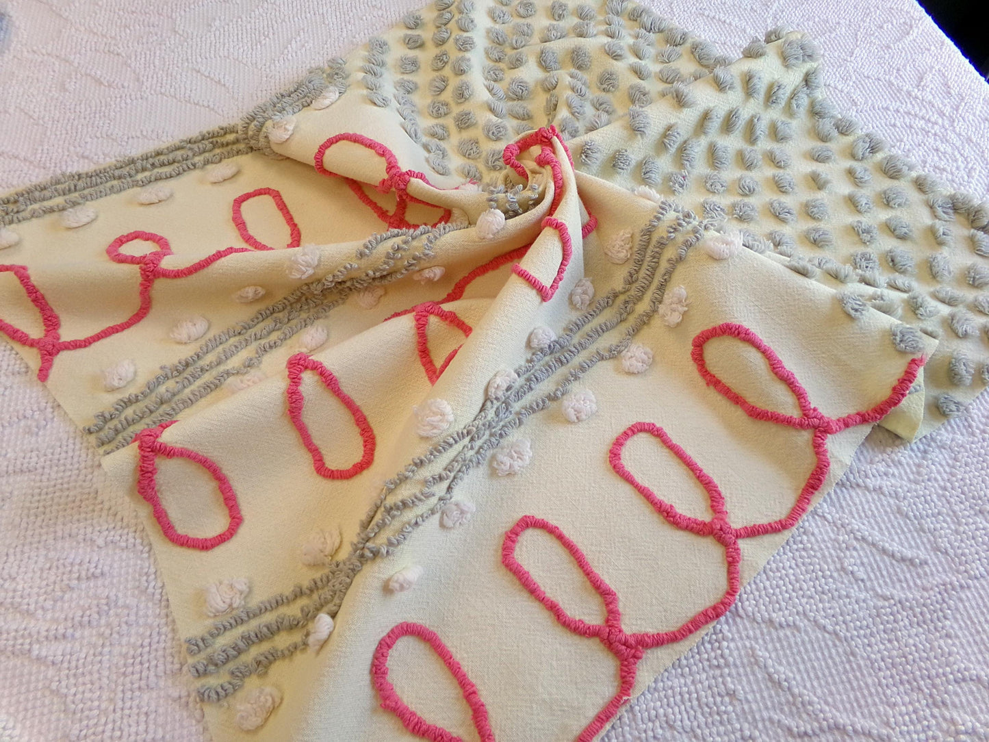 doodles & dots vintage chenille fabric, red loops w/ grep pops on buttery yellow, 20" x 24" cut piece