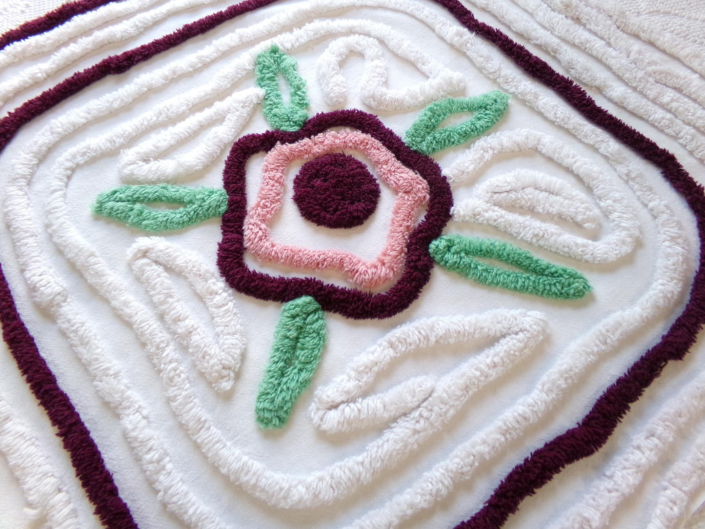 Rose Mauve Vintage Chenille Fabric, 19" x 23" Piece of Radiating Swirl White Cotton Sewing Material Upcycle into Pillows, Quilts