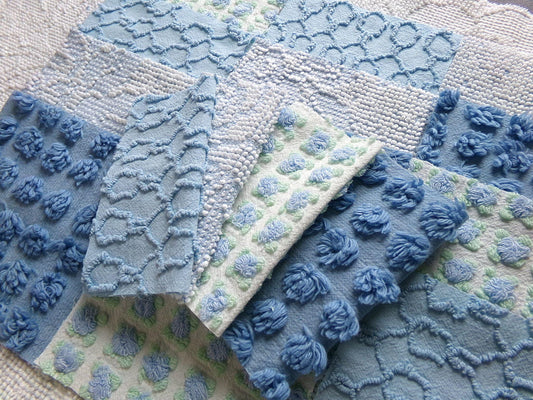 magical moonglow chenille fabric squares, 16 vintage 6" quilt blocks in blue & white, for sewing, crafts, fiber arts