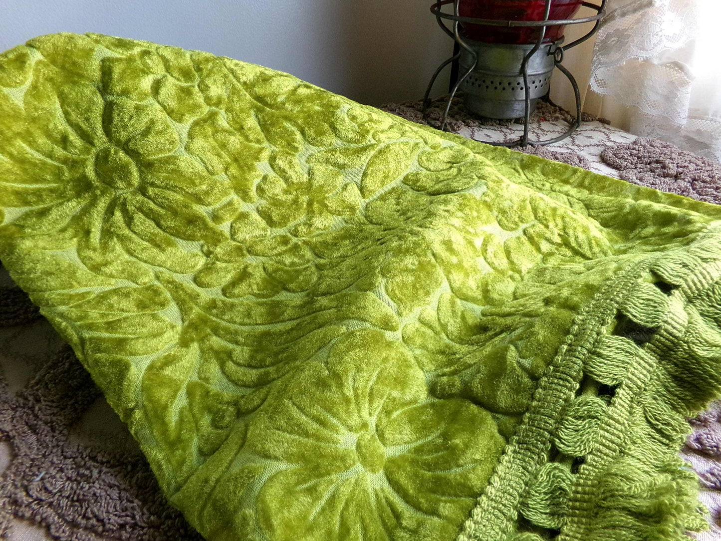 Vintage Cut Velvet Fabric, Bewitching Golden Green Shimmer Sculpted Florals, 24" x 18" inch Piece