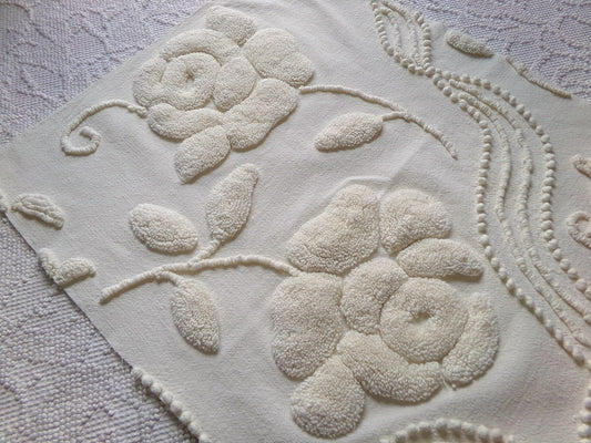 stylized ivory roses vintage chenille fabric, 100% cotton 16" x 21" cut piece w/ sprawling heavily tufted rose design for crafts, sewing