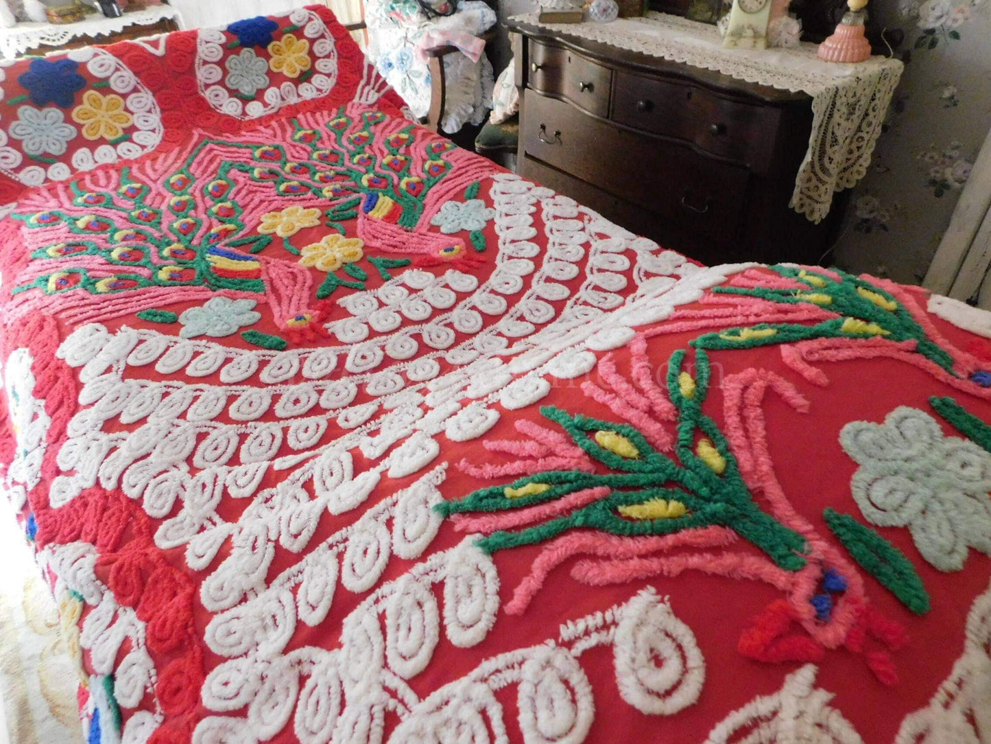 Love is all Around Vintage BOLD PEACOCK Chenille Bedspread, Full Size, Rainbow Red Rapture