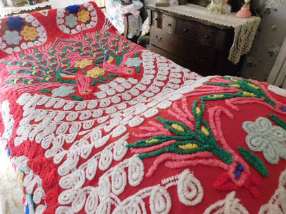 Love is all Around Vintage BOLD PEACOCK Chenille Bedspread, Full Size, Rainbow Red Rapture