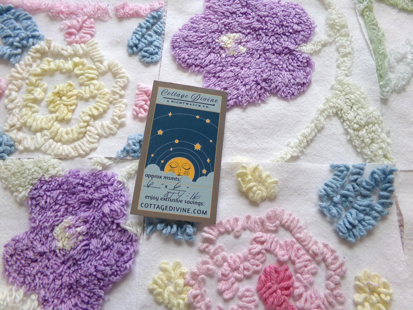 spring blooms vintage chenille fabric squares: pretty flowers set of 16 floral 6" quilt blocks