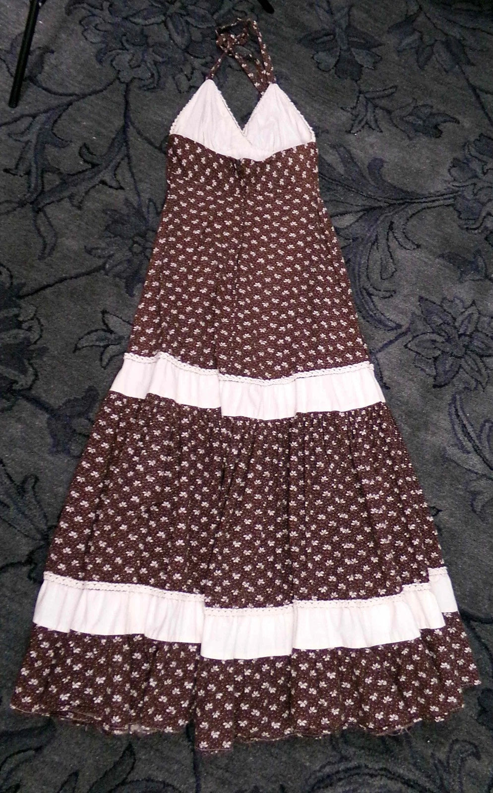 Vtg Gunne Sax Halter Dress Rare Brown Oak Acorn Print Boho Prairie Sundress