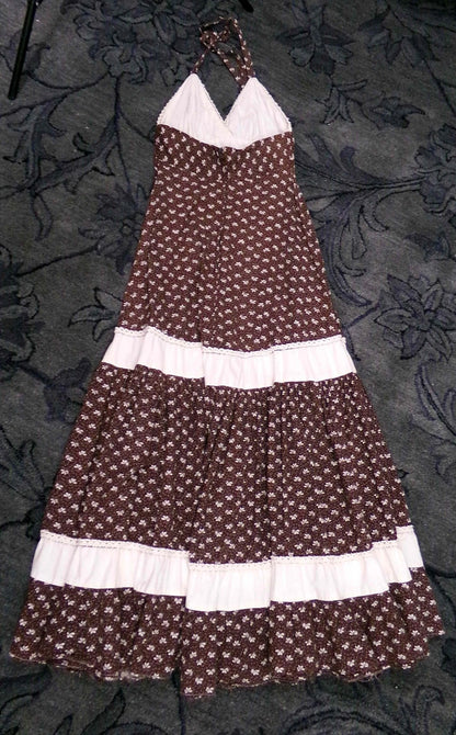 Vtg Gunne Sax Halter Dress Rare Brown Oak Acorn Print Boho Prairie Sundress