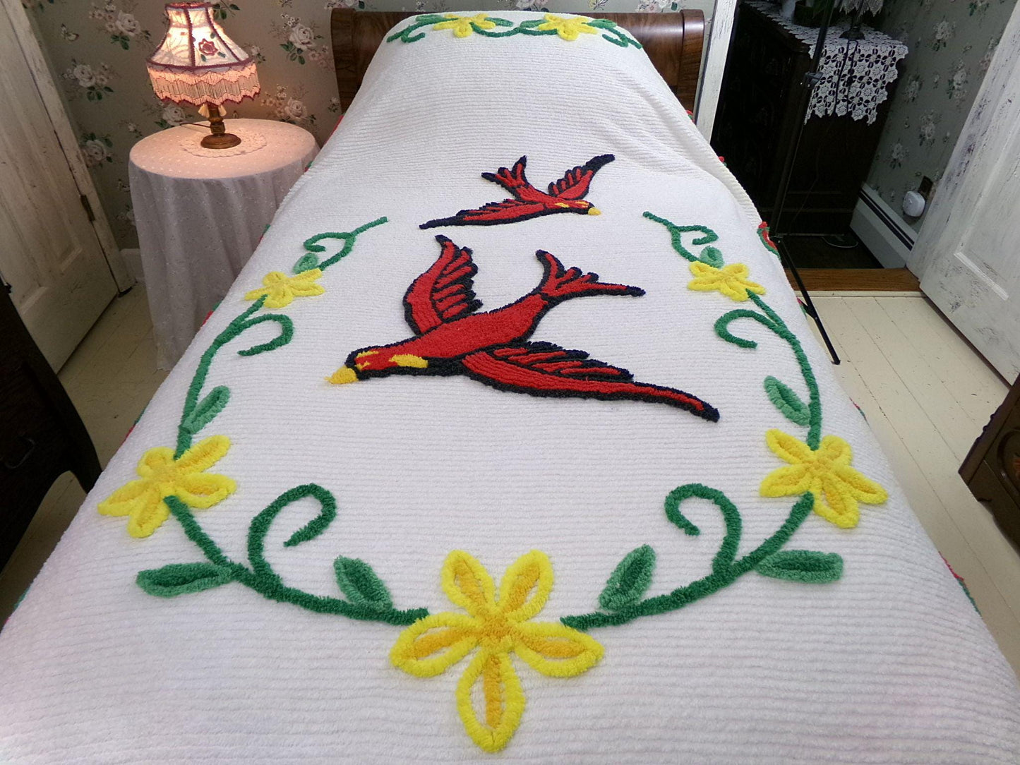 wings of love vintage chenille bedspread, majestic red cardinal birds in a garland of flowers, 100% soft cotton coverlet, full size bedding