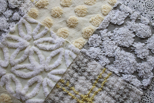 Sunshine & Clouds Chenille Quilt Squares Set, Rotary Cut from Vintage Chenille Bedspread Fabric, 16 Blocks, 6" x 6" inch each