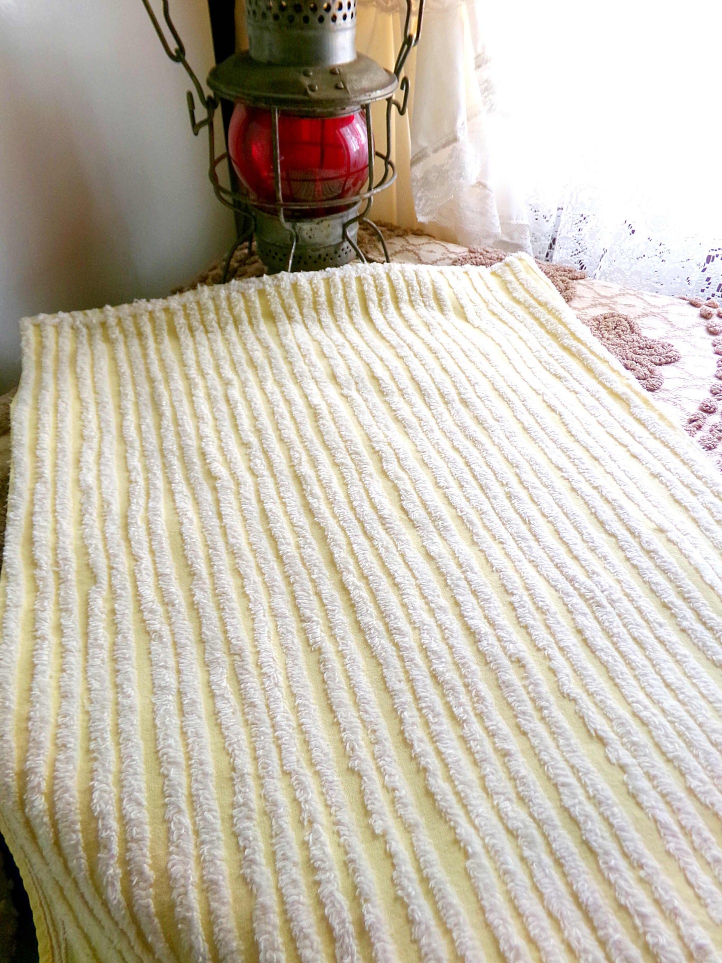 Sunny Yellow Striped Vintage Chenille Quilt Fabric, 18" x 30" inch Piece, White Stripes, 100% Cotton