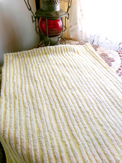 Sunny Yellow Striped Vintage Chenille Quilt Fabric, 18" x 30" inch Piece, White Stripes, 100% Cotton