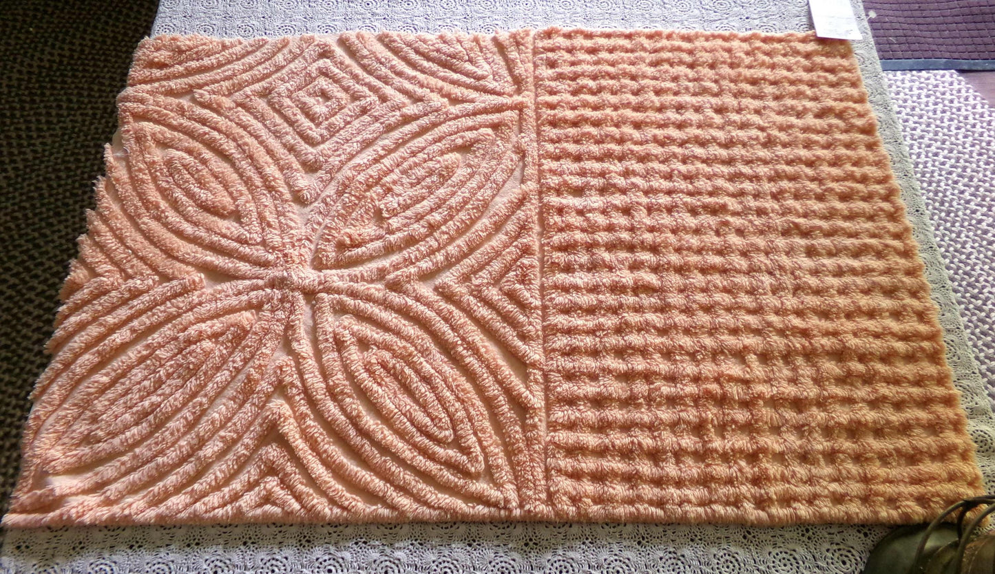 Plush Peach Glow Chenille Material, 20" x 32" inch Vintage Fabric Piece, Thickly Tufted Waffle Grid & Geometric Flower Petals