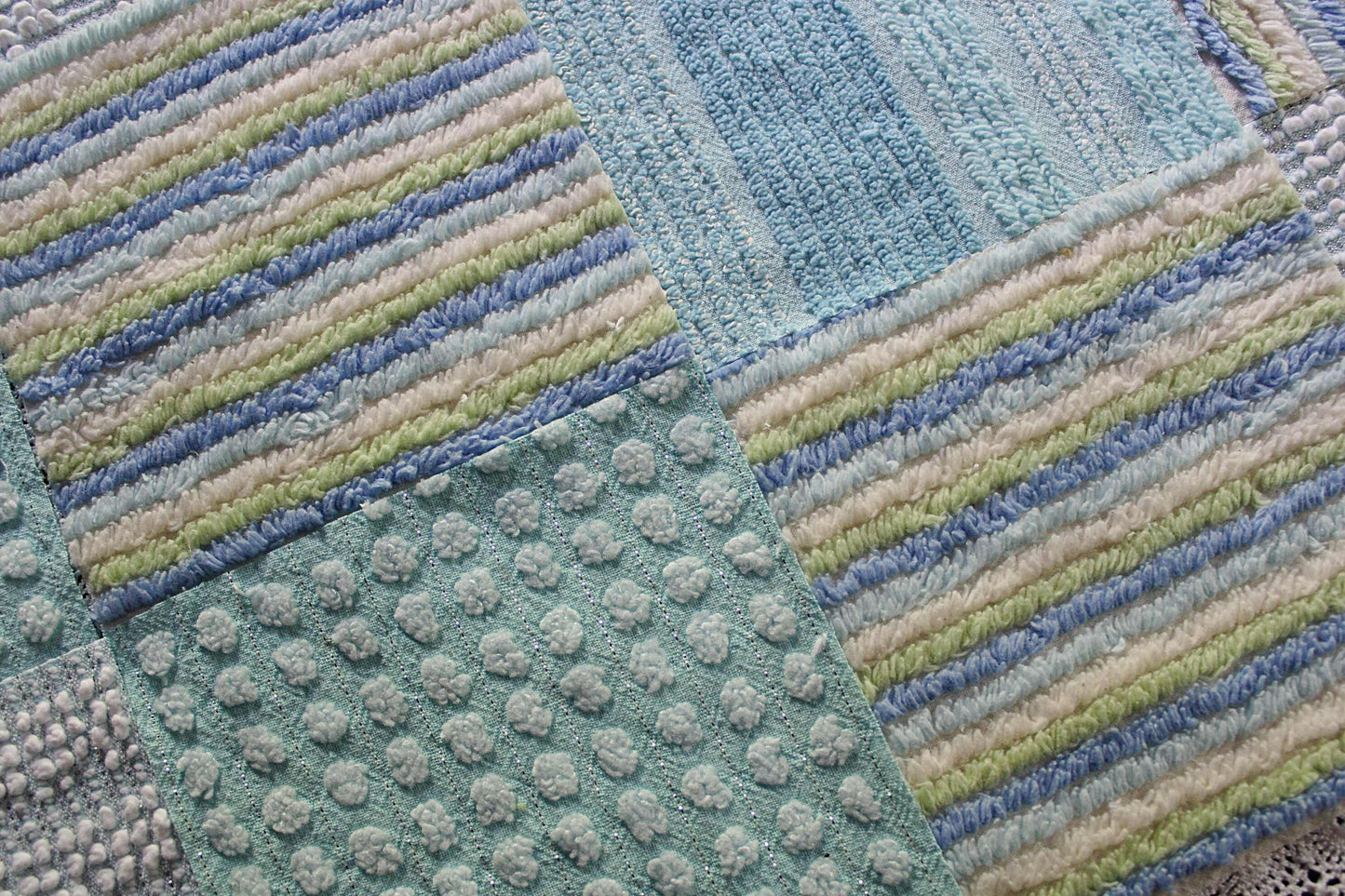 Sea Mist Chenille Quilt Squares Set, from Vintage Bedspread Fabric, 17 Blocks, 6" inch in Coastal Blues, Aqua