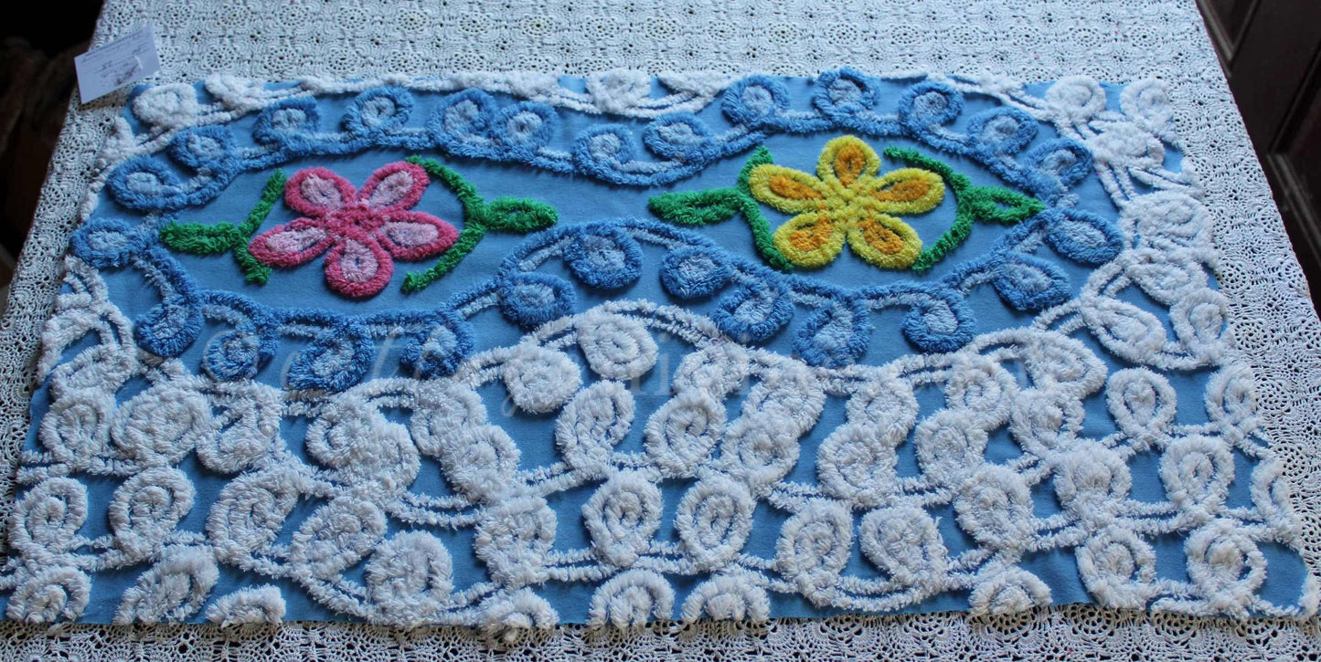 Sky Blue Swirls Vintage Style Chenille Fabric, 16" x 28" Inch Floral Piece, White Curlicues