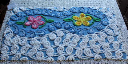 Sky Blue Swirls Vintage Style Chenille Fabric, 16" x 28" Inch Floral Piece, White Curlicues