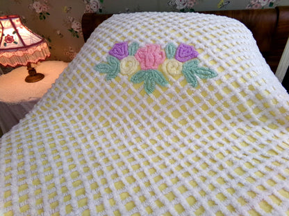just joyful vintage chenille bedspread in cheery yellow with springtime flowers, full size bedding, 100% quality cotton