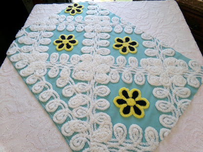 beach chic vintage chenille fabric, bubble white, seaglass blue, 21" x 30" piece of cotton sewing material for crafts, quilts, pillows