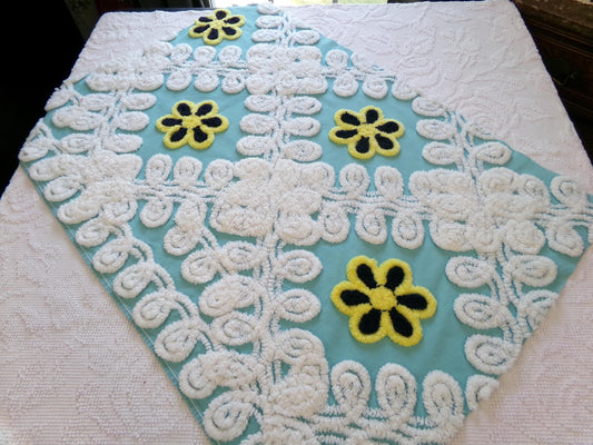 beach chic vintage chenille fabric, bubble white, seaglass blue, 21" x 30" piece of cotton sewing material for crafts, quilts, pillows