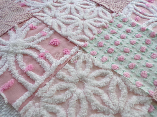 angel pinks vintage chenille fabric squares, rosebuds, daisy patterns, set of 16 quilting blocks, 6" x 6" each, pretty in patchwork pillows