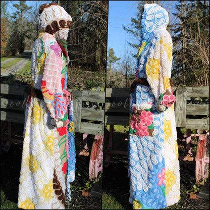 Shabby Patchwork Vintage Chenille Robe, Ladies M/L HOODED Bathrobe, Upcycled Art to Wear