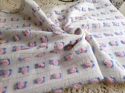 pink rosebud vintage chenille fabric, 20" x 24" inch cut piece of quilt material with tufted roses, blue leaves & shimmer silver lurex