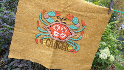 CANCER Rare Zodiac Vintage Astrology Embroidery, Paragon Crewel Stitchery, Completed, an Original 1969 Barbara Sparre Design