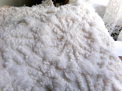 Snowflake Spokes Chenille Fabric Material, 19" x 20" inch Vintage Piece Loaded With Intricate Tufting