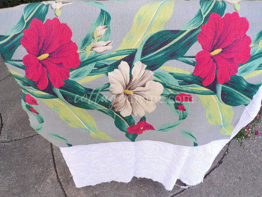 Tropical Vintage Barkcloth Fabric Piece, Salvaged MCM Botanical Hibiscus Print, 19" x 25" inches, #3