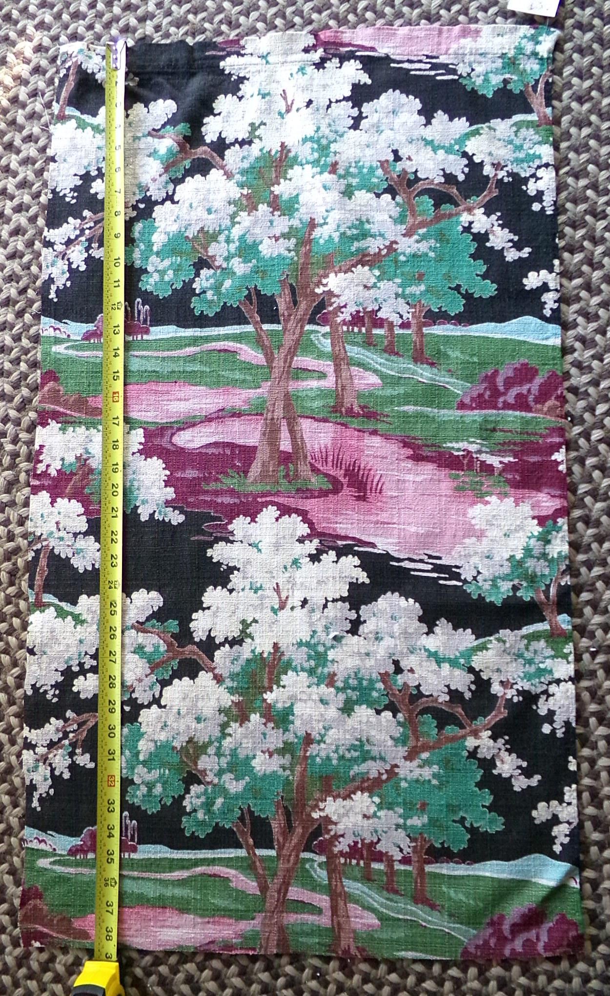 dramatic piece of vintage black barkcloth fabric in mystic tree print, 20" x 35" inch piece from deconstructed curtain panel