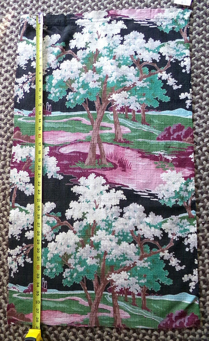 dramatic piece of vintage black barkcloth fabric in mystic tree print, 20" x 35" inch piece from deconstructed curtain panel
