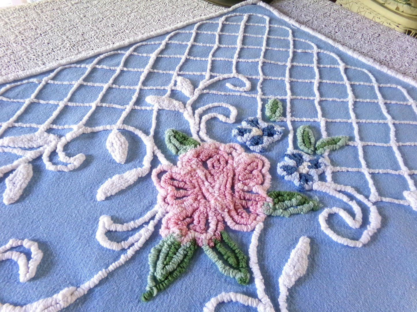 Cottage Romantics Pink Rose Vintage Chenille Fabric, 18.5" x 23" inch Piece, Sky Blue Bkgd, for Pillow Covers, Quilting, Fiber Arts & Crafts