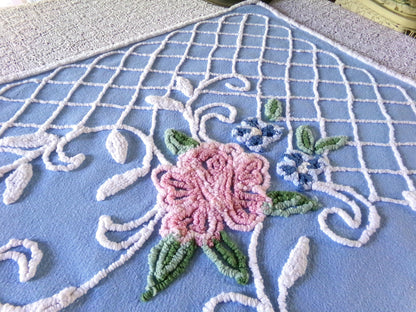 Cottage Romantics Pink Rose Vintage Chenille Fabric, 18.5" x 23" inch Piece, Sky Blue Bkgd, for Pillow Covers, Quilting, Fiber Arts & Crafts