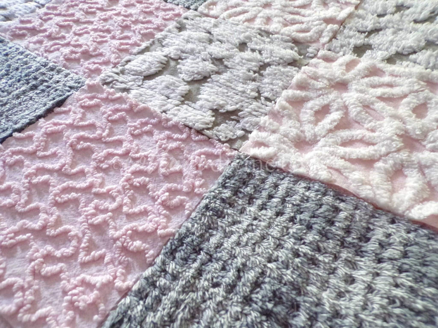 modern pink & grey chenille fabric squares, set of 16 vintage 6" quilt blocks for sewing, quilting, fiber arts