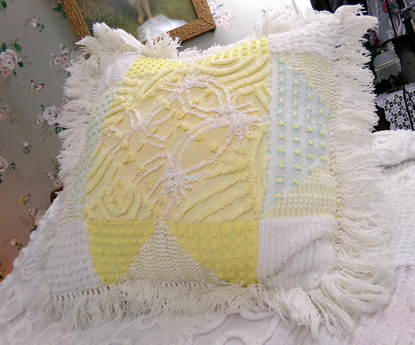 Vintage Chenille Patchwork Pillow | Reversible Mixed Yellow & White Prints, Fringe Accent | Boho Farmhouse Style, 17" x 18" w/ Insert