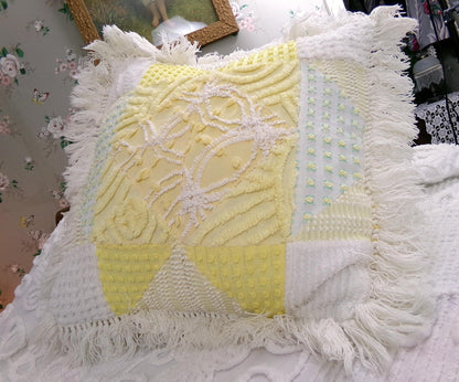Vintage Chenille Patchwork Pillow | Reversible Mixed Yellow & White Prints, Fringe Accent | Boho Farmhouse Style, 17" x 18" w/ Insert