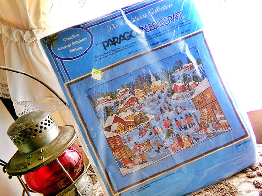 Christmas Primitive Crewel Stitchery Kit, Vintage Paragon Embroidery 6732, Country Village Winter Scene, Adele Veres