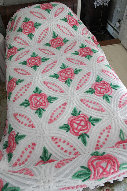 princess pink rose vintage chenille bedspread, cabbage roses on white with pom pom trim, 100% cotton full size cottage bedding