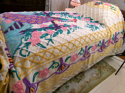 Grand Perched Peacock in a Garden Vintage Chenille Bedspread, Exotic Art Deco Dramatic 1940s Design, Full Size Lightweight Cotton Coverlet