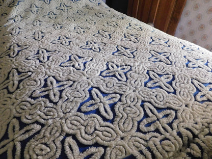 Gothic Cobalt Blue Chenille Bedspread, Hofmann Vintage Full Size Bedding, 100% cotton