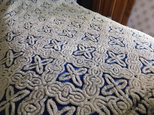 Gothic Cobalt Blue Chenille Bedspread, Hofmann Vintage Full Size Bedding, 100% cotton