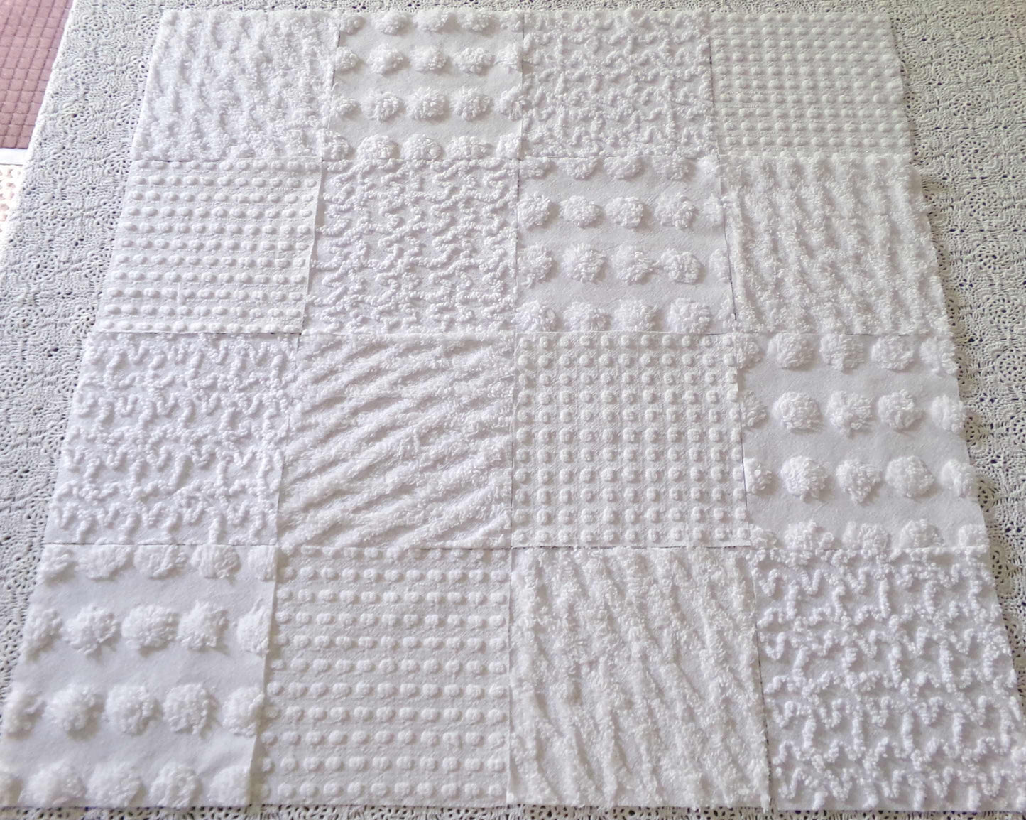 Snow Day White Fabric Squares Cut from Vintage Chenille Bedspreads, 16 Quilt Blocks, 6" x 6" inch each