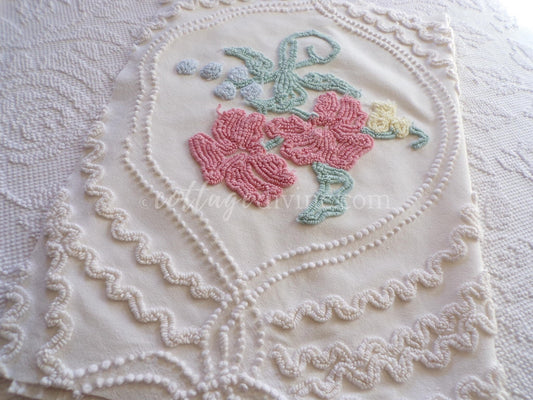 Romantic Cottage Chic Lily Vintage Chenille Quilt Fabric Piece, 19" x 26" inches, Pretty in Pillows